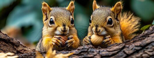 Two squirrels are eating an acorn on a tree branch. The squirrels are small and cute photo