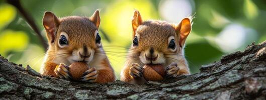 Two baby squirrels are eating an acorn. Concept of innocence and curiosity as the young animals explore their surroundings photo