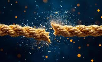 A rope is torn in half, with a lot of debris flying out of it. Concept of destruction and chaos photo