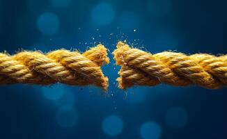 A rope is split in half, with one half hanging down and the other half hanging up. The rope is frayed and worn, and the split is deep. Concept of tension and conflict photo