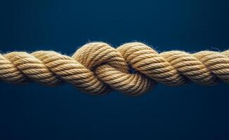 A rope is tied in a knot. The rope is brown and the knot is in the middle of the rope photo