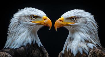 Two eagles facing each other with their beaks open. Concept of strength and power, as the birds are depicted as majestic and formidable creatures photo