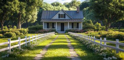 A house with a white picket fence and a driveway leading to it. The house is surrounded by a lush green lawn and a garden with flowers. The scene is peaceful and serene photo