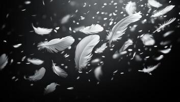 A large number of white feathers floating in the air. The feathers are scattered all over the scene, creating a sense of movement and freedom photo