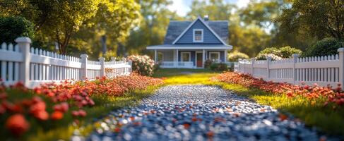 A house with a white picket fence and a path leading to it. The path is lined with red flowers photo