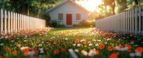 A white house with a red door sits in front of a white fence. The fence is full of flowers, creating a peaceful and serene atmosphere photo