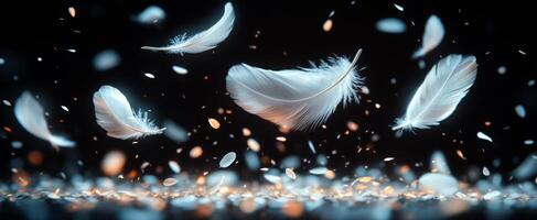 A black background with a large number of white feathers scattered throughout. The feathers are in various sizes and are flying in different directions, creating a sense of movement and chaos photo