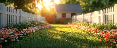 A white picket fence with a white house in the background. The fence is surrounded by a garden of flowers photo