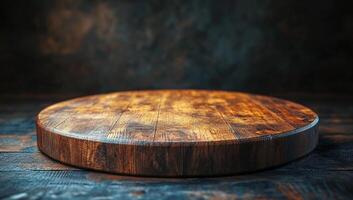 A wooden table with a round top. The table is empty and has a wooden surface. The table is in a dark room photo