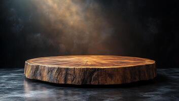 A large log is sitting on a dark surface. The log is surrounded by a shadow, creating a mysterious and eerie atmosphere photo