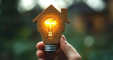A person is holding a light bulb that is shaped like a house. The light bulb is lit up, giving the impression of a glowing home photo