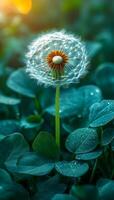 A small flower with a yellow center is surrounded by green leaves. The flower is the main focus of the image, and the green leaves provide a contrasting background photo