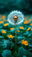 A dandelion is the main focus of the image, surrounded by a field of yellow flowers. The dandelion is the only flower in the foreground, while the rest of the flowers are in the background photo