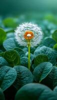 A single white flower is in the middle of a green bush. The flower is surrounded by green leaves and is the only thing visible in the image photo