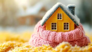 A small yellow house is covered in a pink blanket. The house is surrounded by a yellow blanket and snow photo