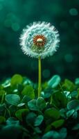 A dandelion is the main focus of the image, with its white petals and green stem. The dandelion is surrounded by green leaves, creating a lush and vibrant scene. Concept of growth and renewal photo
