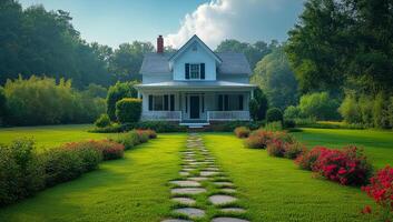 A large white house with a large yard and a path leading to it. The yard is filled with flowers and the house has a porch photo
