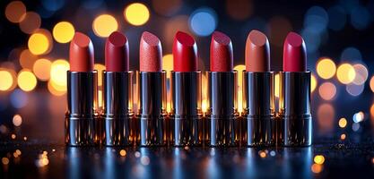 Beautiful array of lipsticks on display. A stunning lipstick collection against a sparkling background, ideal for beauty lovers and shoppers. photo