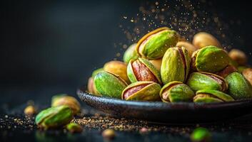 Delicious pistachios piled on a plate. A mix of opened and closed pistachios is arranged attractively on a dark plate with spice sprinkles around. photo