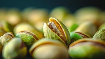 Close-up of fresh pistachios on display. A collection of vibrant green pistachios is showcased, emphasizing their unique shapes and textures. photo