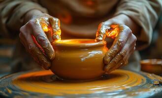 Pottery making process in a workshop. Hands are shaping a pottery bowl on a wheel in a clay workshop during a sunny afternoon. photo