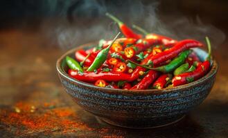 Bowl of fresh chili peppers. A bowl filled with vibrant red and green chili peppers sits on a rustic surface, steam lightly rising from them. photo