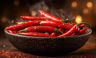Fresh red chili peppers in a rustic bowl. Bright red chili peppers are arranged in a textured bowl, with steam gently rising, creating an inviting atmosphere. photo