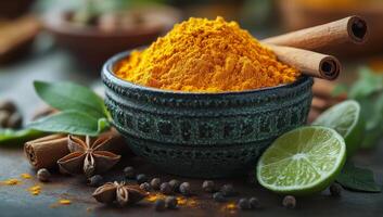 Vibrant turmeric and spices in a bowl. A bowl filled with bright yellow turmeric sits alongside cinnamon sticks, star anise, and lime slices on a rustic table. photo