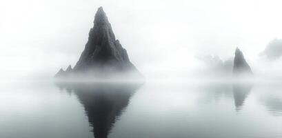 Mountains rise from calm waters. Mist envelops towering mountains emerging from still water, creating a serene and mysterious landscape at dawn. photo