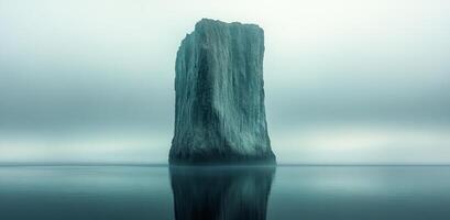 Majestic rock formation in misty waters. A towering rock formation stands alone in calm waters, surrounded by a dense fog at dawn, creating a serene atmosphere. photo
