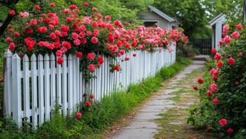 Rose-lined garden path. A vibrant garden path lined with blooming roses enhances the beauty of a peaceful neighborhood walkway. photo