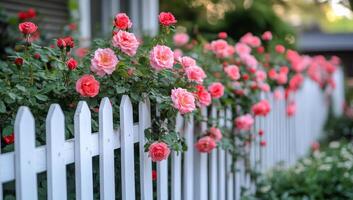 Roses by a white fence. Lush pink and peach roses flourish on a white picket fence in a vibrant garden during bright daylight. photo