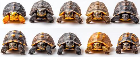 Unique patterned tortoises. Tortoises line up, displaying their unique shell patterns and colors against a simple background. photo