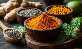 Herbs and spices on wood. Bowls of vibrant spices and herbs are artfully arranged with fresh limes and ginger on a rustic table. photo