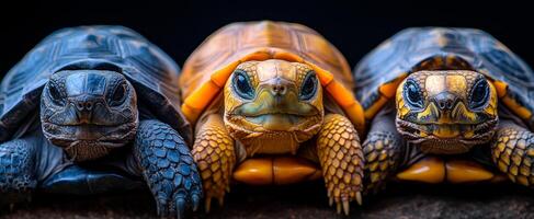 Colorful tortoises in close-up display. Three vibrant tortoises of different colors are resting closely together, showcasing their unique patterns and textures. photo
