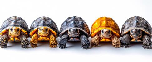 Colorful turtles lined up in a row. Five turtles display unique shell colors while facing forward, showcasing their vibrant patterns and textures. photo