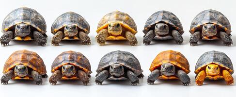 Tortoises lined up in colorful display. A group of tortoises arranged in two rows showcases various colors and patterns on their shells. photo