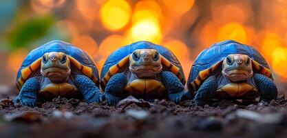 Turtles basking in the sun. Three vibrant turtles sit side by side on the ground, basking in warm sunlight with a blurred background. photo