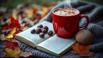 Warm drink on a cozy autumn day. A steaming red mug rests on an open book surrounded by coffee beans and autumn leaves, creating a warm atmosphere. photo