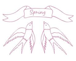 illustration of swallow birds, made by hand. Contoured spring print with birds and a ribbon with a place for the text. An emblem, a logo, a wedding card. vector