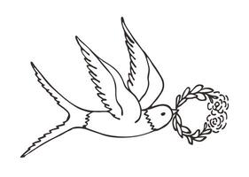 A illustration depicting the first spring bird, a swallow, carrying a flower wreath in flight. It is a symbol of spring, a new life. Hand-drawn. Logo, icon, postcard. vector