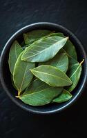 Fresh bay leaves in a bowl. A dark bowl filled with vibrant green bay leaves, ready for culinary use in various dishes and recipes. photo