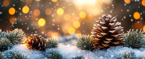 Pinecones in snowy winter. Snow-covered pinecones rest among frosty pine branches as golden lights twinkle in the background during winter. photo