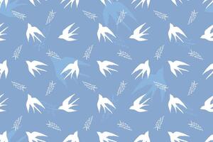 Seamless pattern of swallow birds, hand-drawn. Silhouettes of the first spring birds, sky background, birds in flight, wings spread. A symbol of freedom. Modern design for fabric, tableware, wrappers. vector