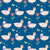 Seamless pattern with cute characters, pet ducks on a date, hearts, doodle-style flowers. A fun print for clothes, fabrics, and holiday patterns. vector