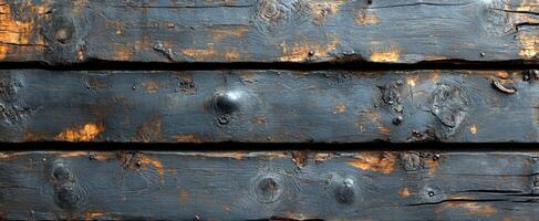 Weathered black wooden planks. Close-up of dark, weathered wood planks showing rustic texture and natural imperfections from age and use. photo