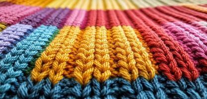 Vibrant knit pattern shines. Brightly colored knitted fabric displays a variety of textures and patterns, creating a cozy and artistic appearance. photo