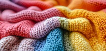 Vibrant patterned knit fabric. Close-up view of a vibrant knitted textile showcasing an array of colors and textures with soft folds and patterns. photo