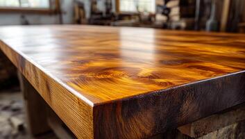 Handcrafted wooden table. Intricate details of a handcrafted wooden table showcasing rich colors and smooth finishes in a workshop setting. photo