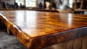 Intricate wood table design. A close-up view highlights the intricate wood grain and polished finish of a handcrafted table in a workshop. photo